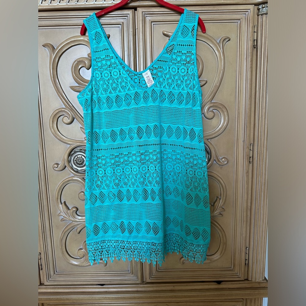 OP Size Swim Cover Up MYSTICAL AQUA Mesh Sheer Sleeveless Lace XL/XG (15-17) nwt
